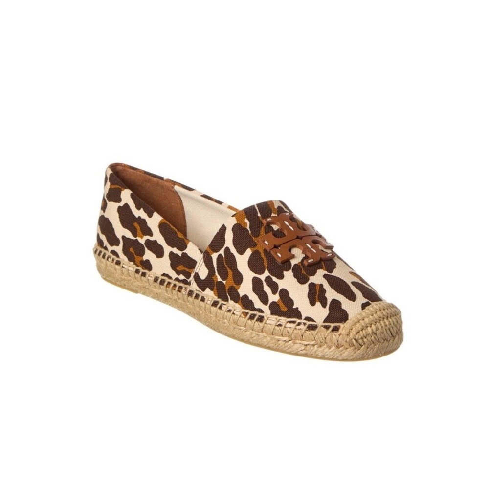 New Tory Burch Ines Leopard Print Canvas Espadrille Flats Brown Tan Women 9.5